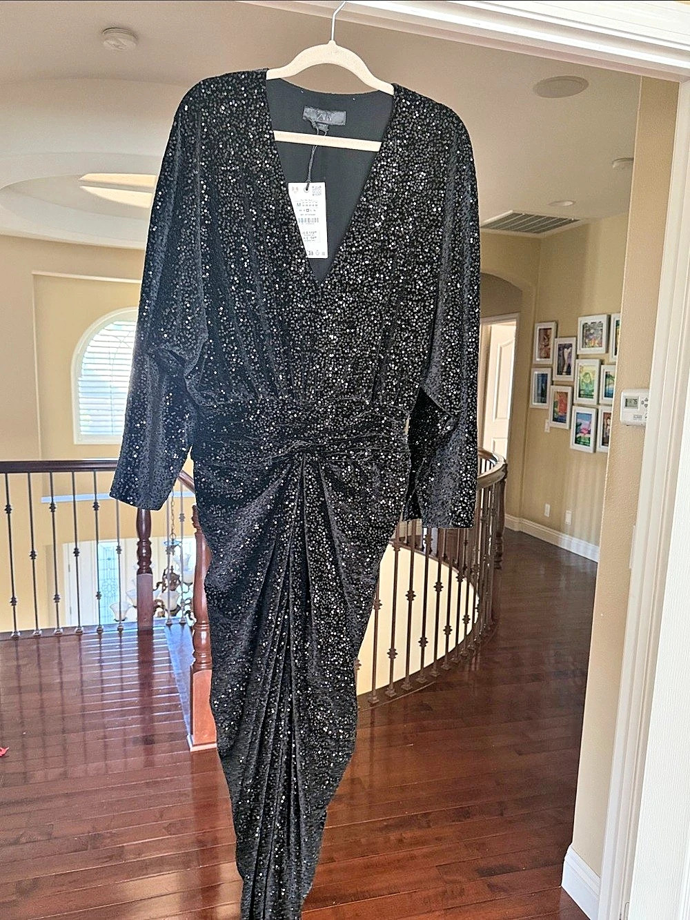 Zara Sequin Draped Shoulder Pad Dress Sequin Maxi Dress in Black Size Medium NWT